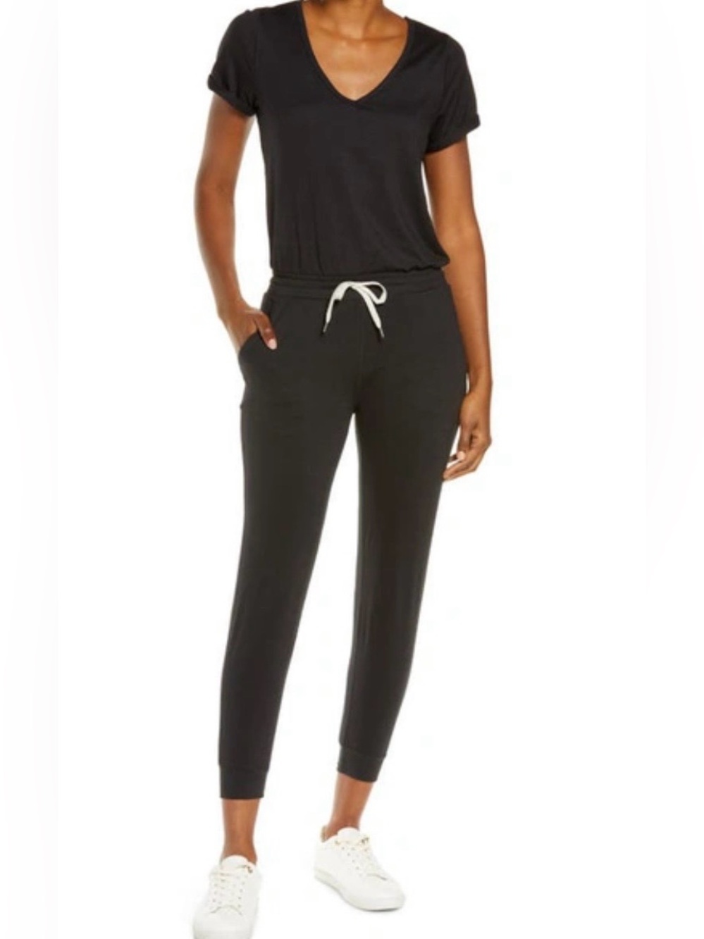 Vuori V-Neck Black Jumpsuit with Drawstring Waist